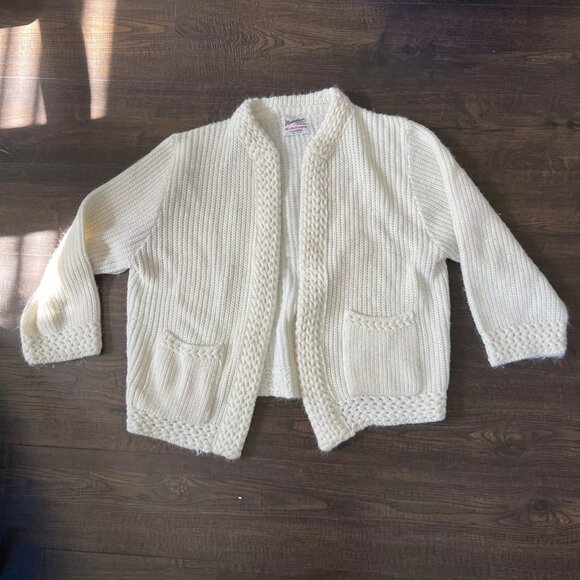 Vintage Maineliner Hand Knit Crochet White Open Front Cardigan Sweater M - Picture 1 of 6